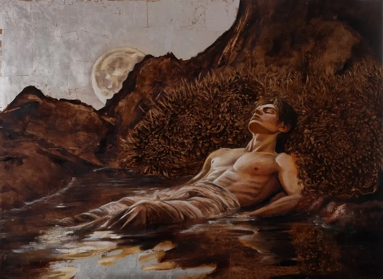 ‘The Night We Become Rivers’ · 46 × 32 in · Oils & silver leaf on hand-prepared wood