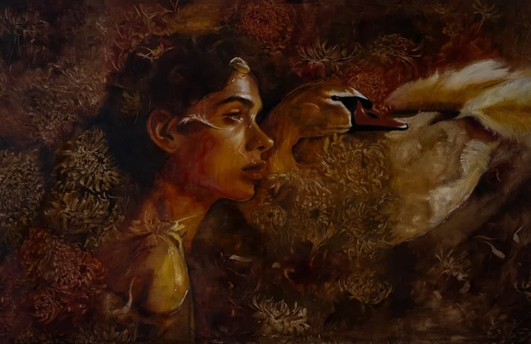‘Swans Plight I’ · 46 × 24 in · Oils on hand-prepared wood